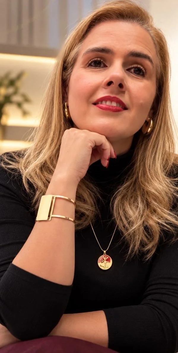Retrato de Geyza Nogueira com a mão no queixo
